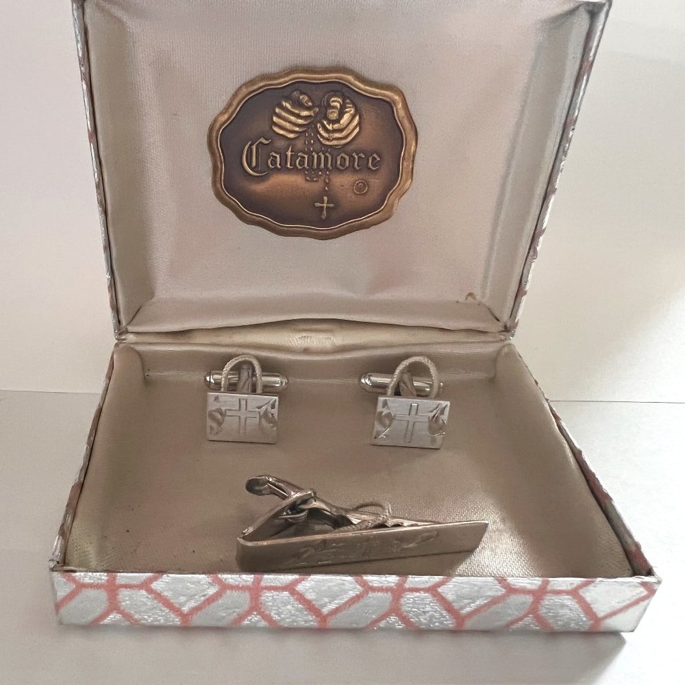 Vintage Catamore Sterling Silver Christian Cross Tie Clasp & Cufflinks